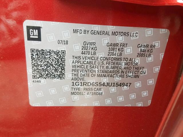 1G1RD6S54JU154947 - 2018 CHEVROLET VOLT PREMI RED photo 10