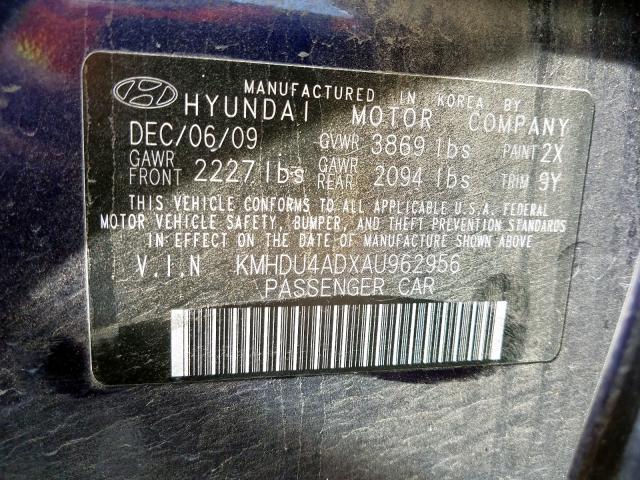 KMHDU4ADXAU962956 - 2010 HYUNDAI ELANTRA BLUE  photo 10