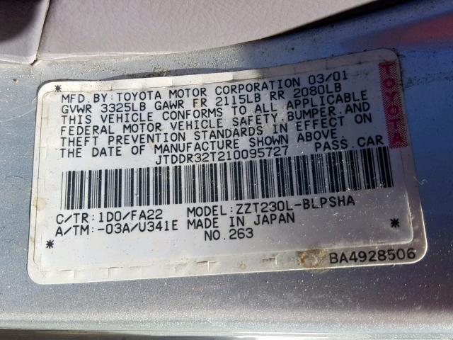 JTDDR32T210095727 - 2001 TOYOTA CELICA GT SILVER photo 10