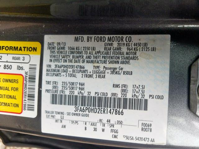 3FA6P0HD2ER147866 - 2014 FORD FUSION SE  photo 10