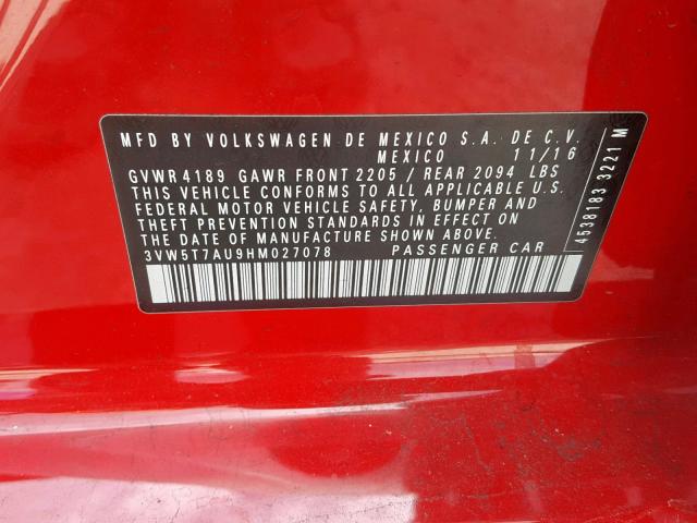 3VW5T7AU9HM027078 - 2017 VOLKSWAGEN GTI S RED photo 10