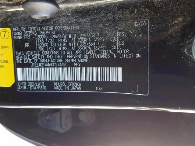 JTEEW21A460027469 - 2006 TOYOTA HIGHLANDER BLACK photo 10