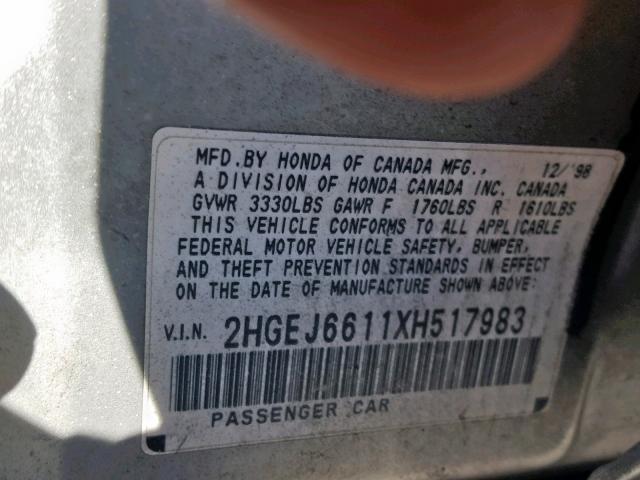 2HGEJ6611XH517983 - 1999 HONDA CIVIC BASE GRAY photo 10