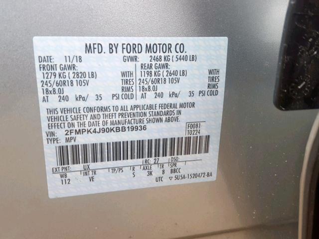 2FMPK4J90KBB19936 - 2019 FORD EDGE SEL SILVER photo 10