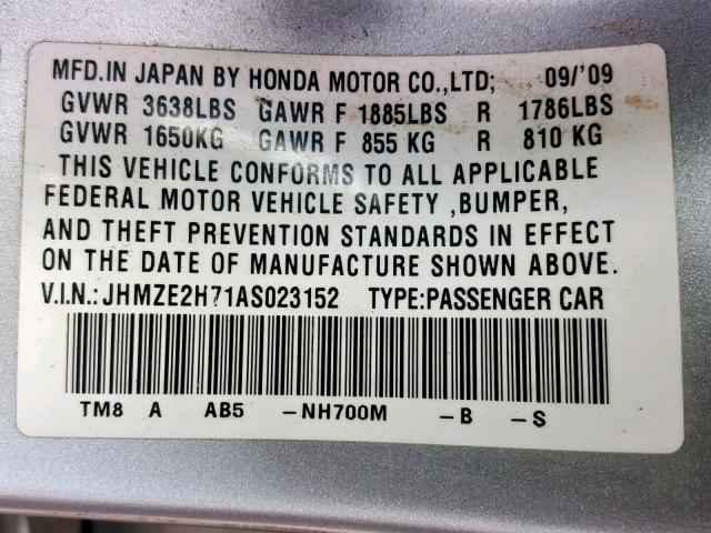 JHMZE2H71AS023152 - 2010 HONDA INSIGHT EX SILVER photo 10