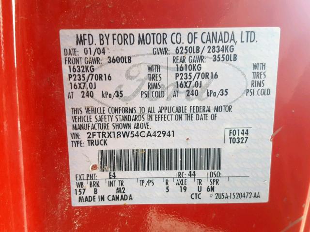 2FTRX18W54CA42941 - 2004 FORD F-150 HERI RED photo 10