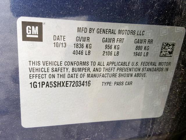 1G1PA5SHXE7203416 - 2014 CHEVROLET CRUZE LS BLUE photo 10