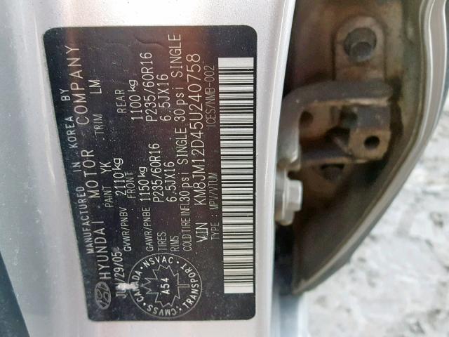 KM8JM12D45U240758 - 2005 HYUNDAI TUCSON GL SILVER photo 10