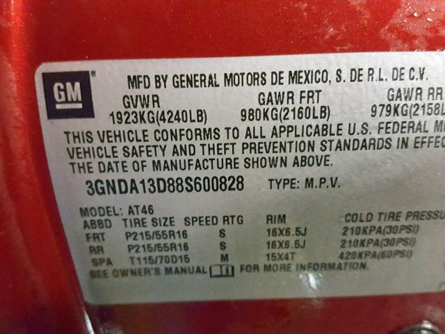 3GNDA13D88S600828 - 2008 CHEVROLET HHR LS Qırmızı foto 10