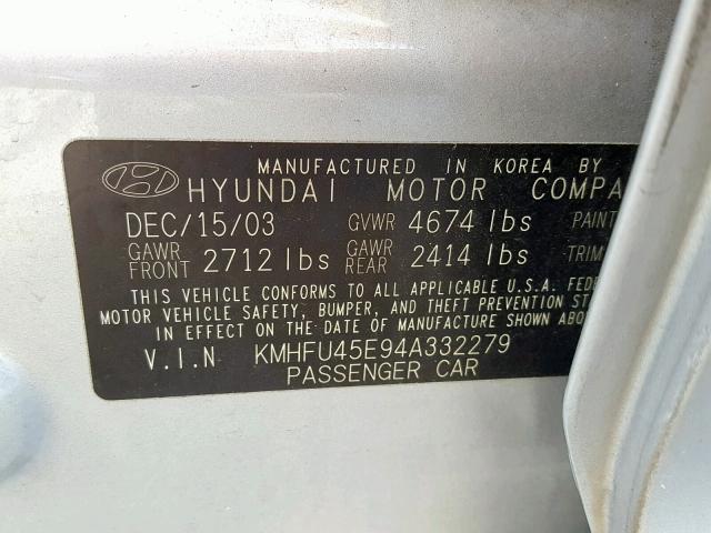 KMHFU45E94A332279 - 2004 HYUNDAI XG 350 SILVER photo 10