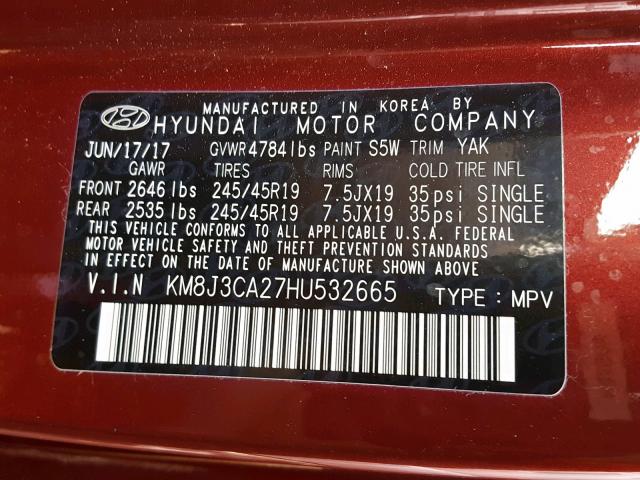 KM8J3CA27HU532665 - 2017 HYUNDAI TUCSON LIM BURGUNDY photo 10