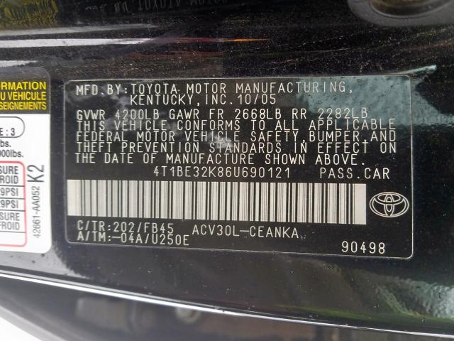 4T1BE32K86U690121 - 2006 TOYOTA CAMRY LE  photo 10