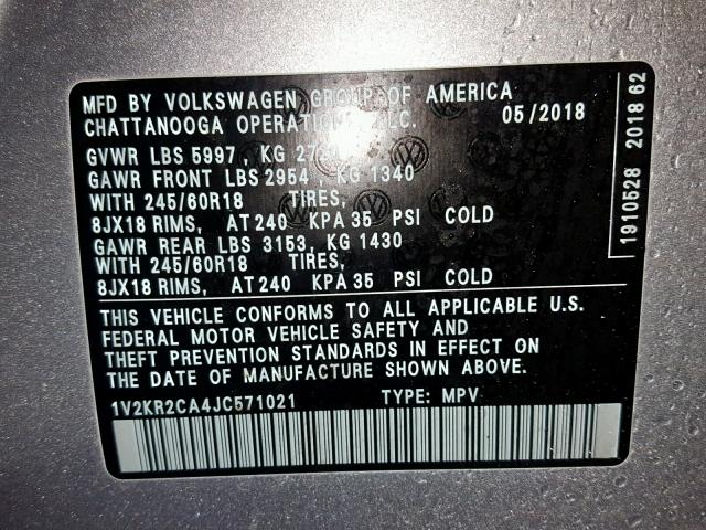 1V2KR2CA4JC571021 - 2018 VOLKSWAGEN ATLAS SE SILVER photo 10