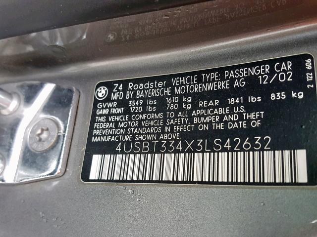 4USBT334X3LS42632 - 2003 BMW Z4 2.5 GRAY photo 10