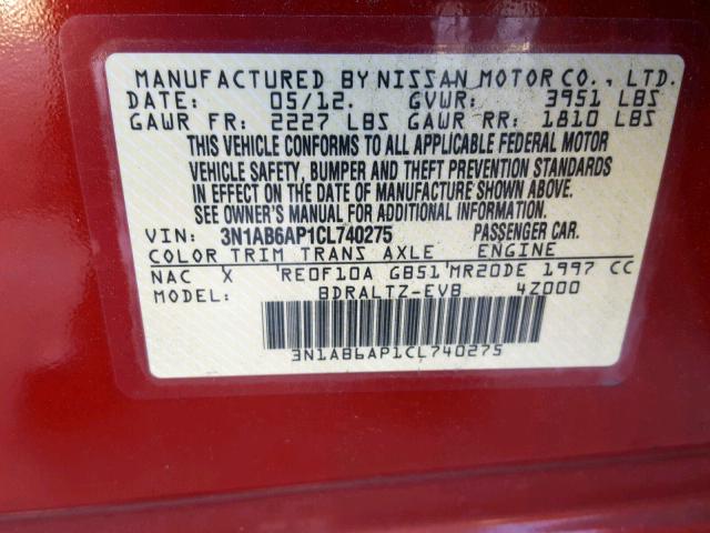 3N1AB6AP1CL740275 - 2012 NISSAN SENTRA 2.0 RED photo 10