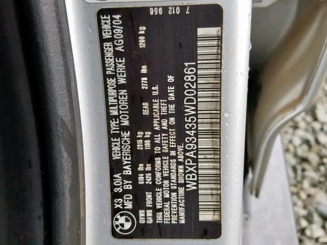 WBXPA93435WD02861 - 2005 BMW X3 3.0I SILVER photo 10