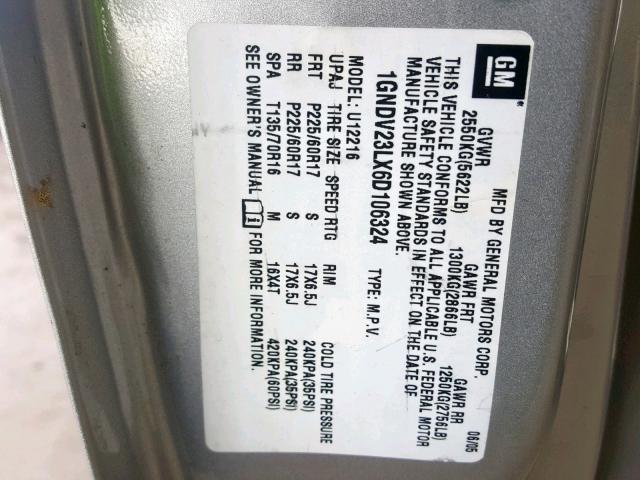 1GNDV23LX6D106324 - 2006 CHEVROLET UPLANDER L 银色 照片 10