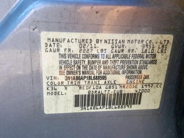 3N1AB6AP1BL688595 - 2011 NISSAN SENTRA 2.0 GRAY photo 10