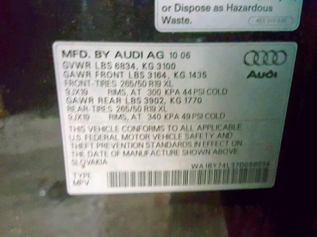 WA1BY74L37D058034 - 2007 AUDI Q7 3.6 QUA GRAY photo 10