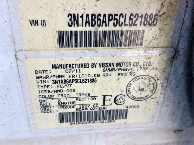 3N1AB6AP5CL621886 - 2012 NISSAN SENTRA 2.0 WHITE photo 10