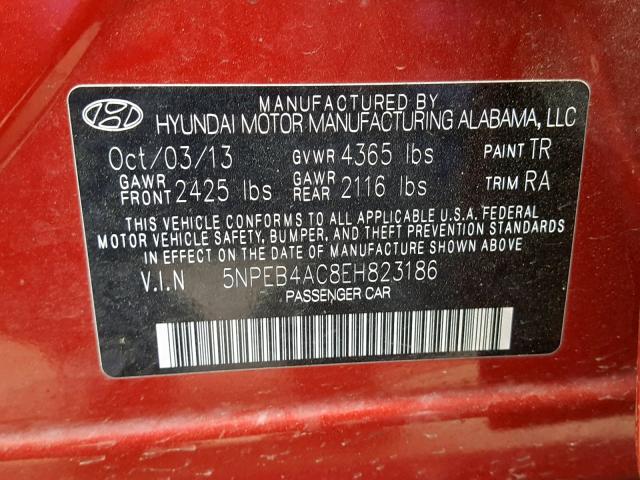 5NPEB4AC8EH823186 - 2014 HYUNDAI SONATA GLS BURGUNDY photo 10