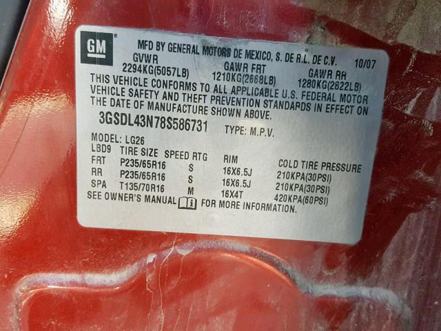3GSDL43N78S586731 - 2008 SATURN VUE XE RED photo 10
