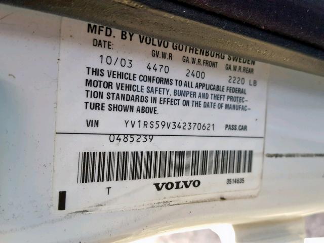 YV1RS59V342370621 - 2004 VOLVO S60 2.5T WHITE photo 10