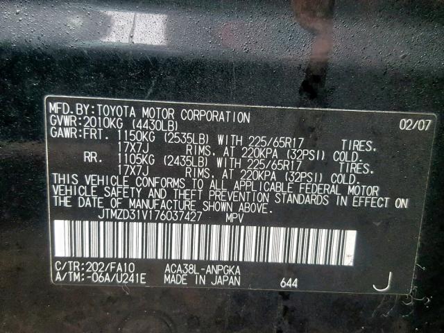 JTMZD31V176037427 - 2007 TOYOTA RAV4 LIMIT BLACK photo 10