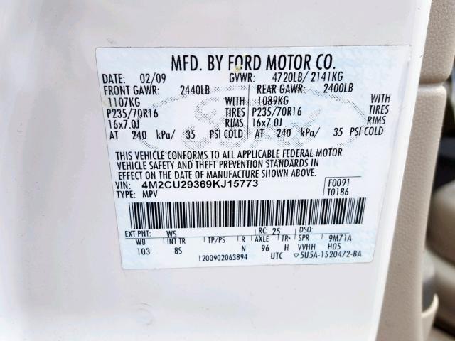 4M2CU29369KJ15773 - 2009 MERCURY MARINER HY WHITE photo 10