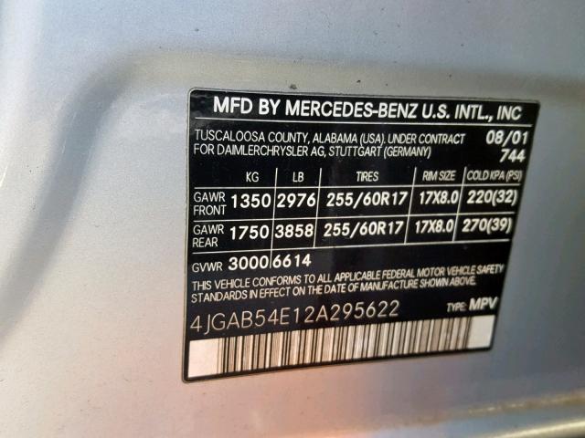 4JGAB54E12A295622 - 2002 MERCEDES-BENZ ML 320 SILVER photo 10