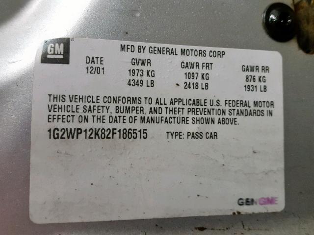 1G2WP12K82F186515 - 2002 PONTIAC GRAND PRIX SILVER photo 10