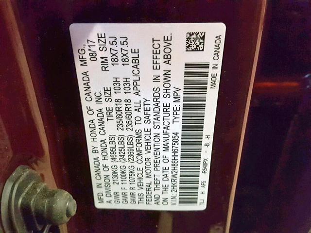 2HKRW2H86HH675054 - 2017 HONDA CR-V EXL MAROON photo 10