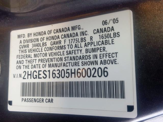 2HGES16305H600206 - 2005 HONDA CIVIC DX VP  foto 10