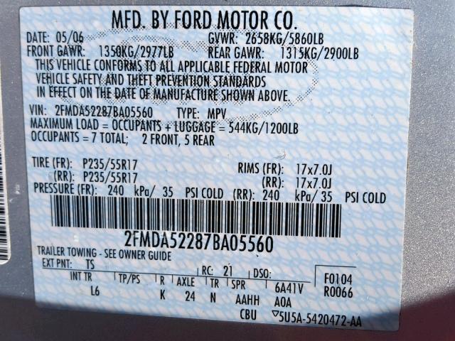 2FMDA52287BA05560 - 2007 FORD FREESTAR S SILVER photo 10