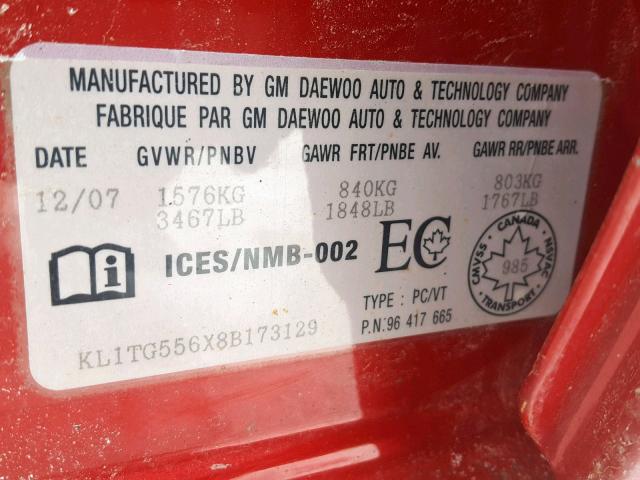 KL1TG556X8B173129 - 2008 CHEVROLET AVEO LT RED photo 10