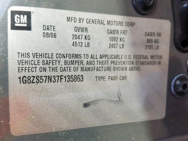 1G8ZS57N37F135863 - 2007 SATURN AURA XE GRAY photo 10