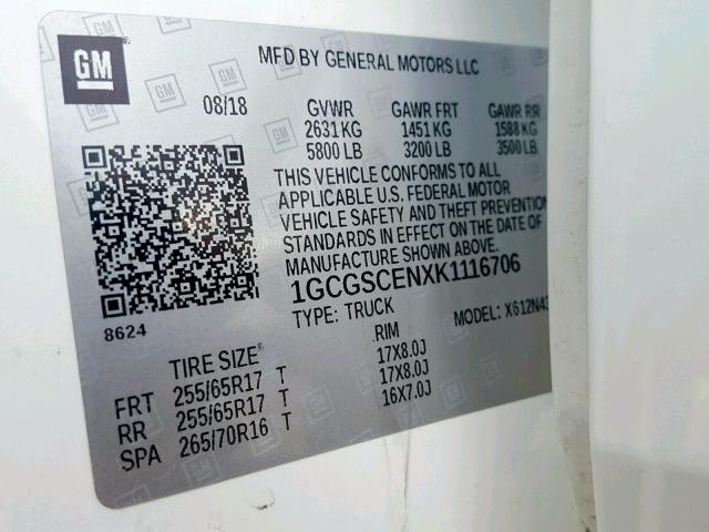 1GCGSCENXK1116706 - 2019 CHEVROLET COLORADO L WHITE photo 10