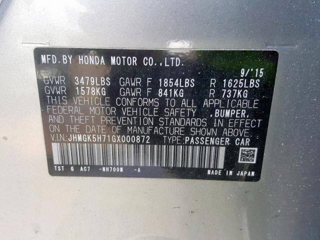 JHMGK5H71GX000872 - 2016 HONDA FIT EX SILVER photo 10