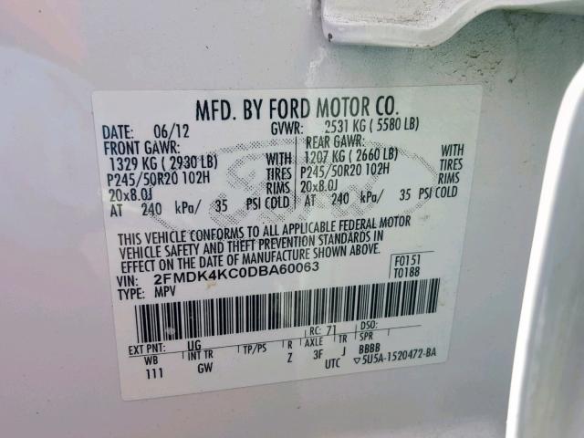 2FMDK4KC0DBA60063 - 2013 FORD EDGE LIMIT WHITE photo 10