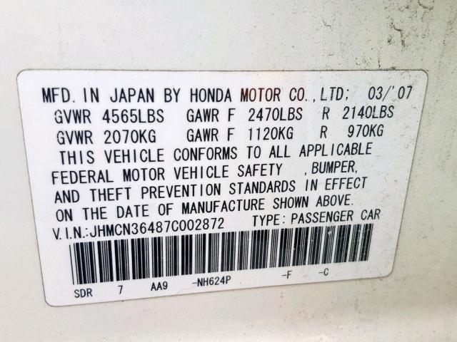 JHMCN36487C002872 - 2007 HONDA ACCORD HYB WHITE photo 10