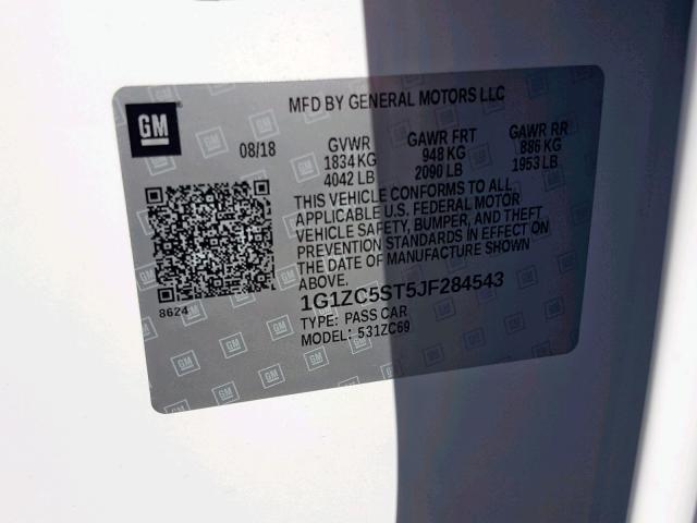 1G1ZC5ST5JF284543 - 2018 CHEVROLET MALIBU LS WHITE photo 10