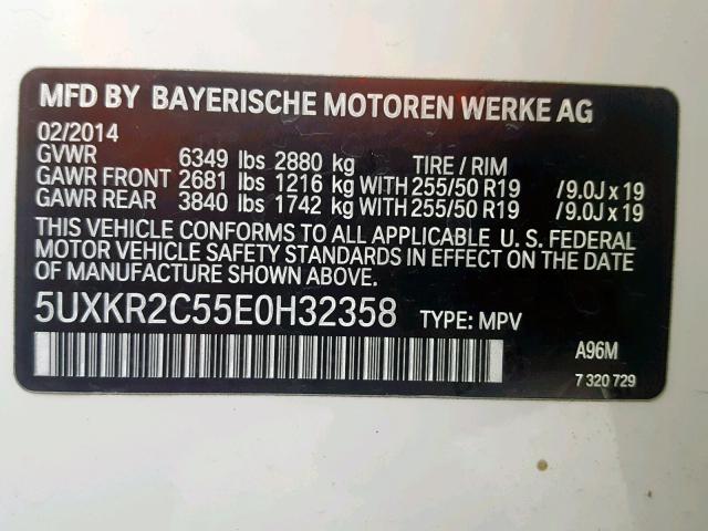 5UXKR2C55E0H32358 - 2014 BMW X5 SDRIVE3 WHITE photo 10