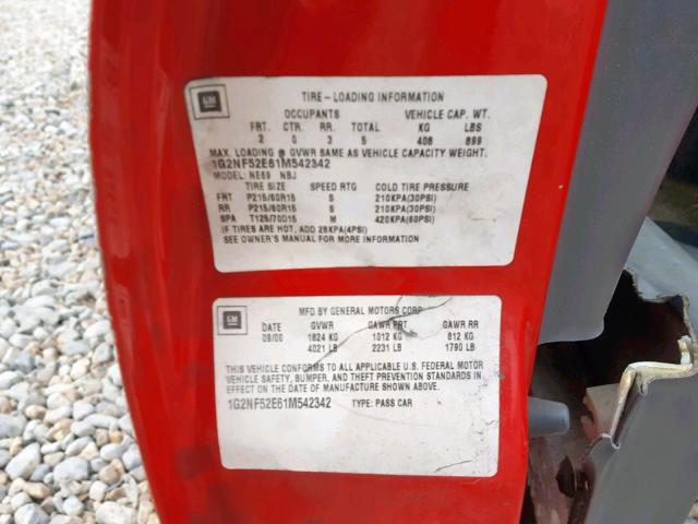 1G2NF52E61M542342 - 2001 PONTIAC GRAND AM S RED photo 10