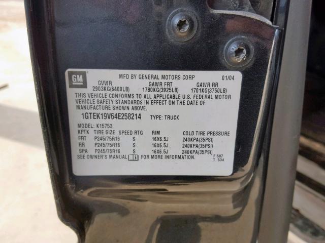 1GTEK19V64E258214 - 2004 GMC NEW SIERRA BLACK photo 10