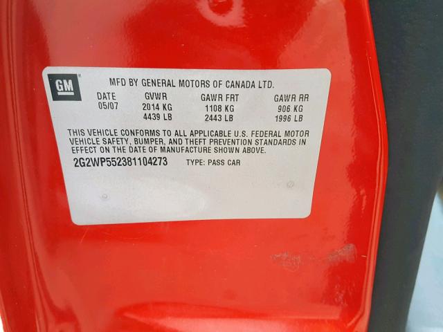 2G2WP552381104273 - 2008 PONTIAC GRAND PRIX RED photo 10