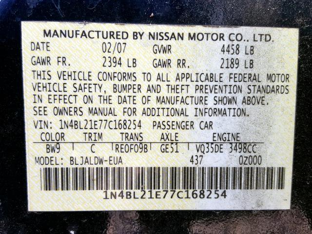 1N4BL21E77C168254 - 2007 NISSAN ALTIMA 3.5 BLUE photo 10