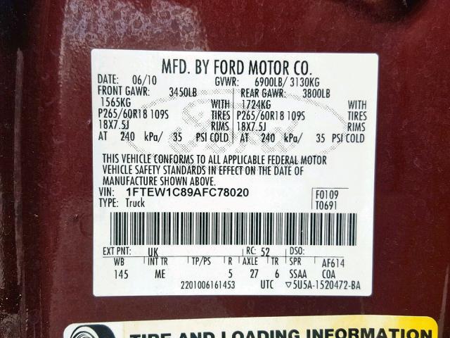1FTEW1C89AFC78020 - 2010 FORD F150 SUPER RED photo 10