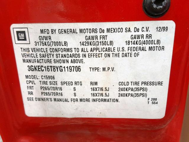 3GKEC16T8YG119706 - 2000 GMC YUKON XL C RED photo 10