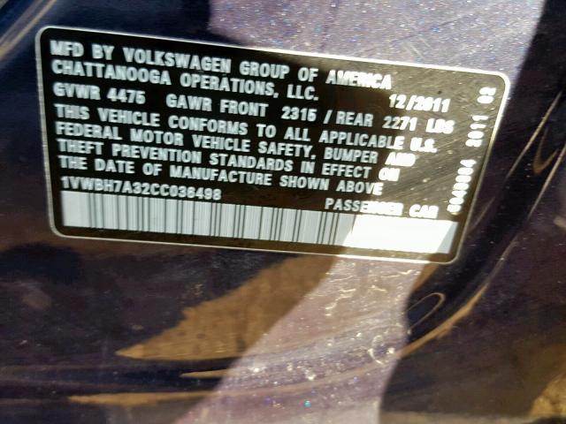 1VWBH7A32CC036498 - 2012 VOLKSWAGEN PASSAT SE BLUE photo 10