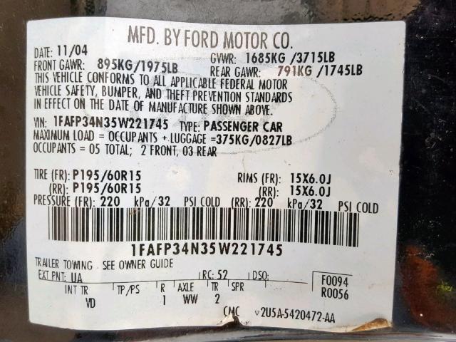 1FAFP34N35W221745 - 2005 FORD FOCUS ZX4 BLACK photo 10